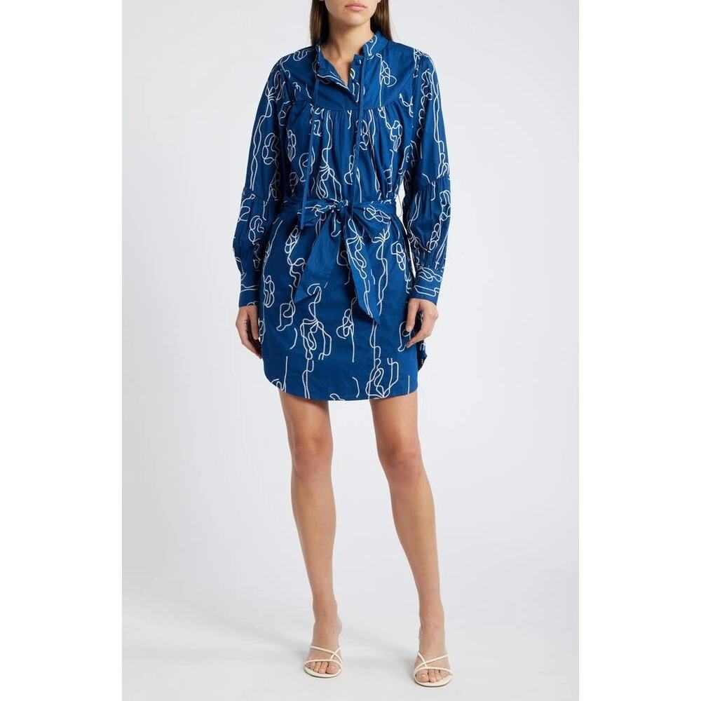 Ciebon Lined Blue Embroidered Long Sleeve Cotton Dress Small NWT